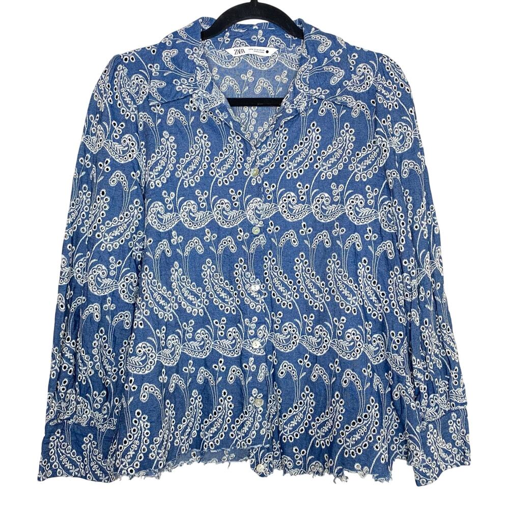 Zara Blue Embroidered Eyelet Paisley Button Up Boho Blouse Size Medium